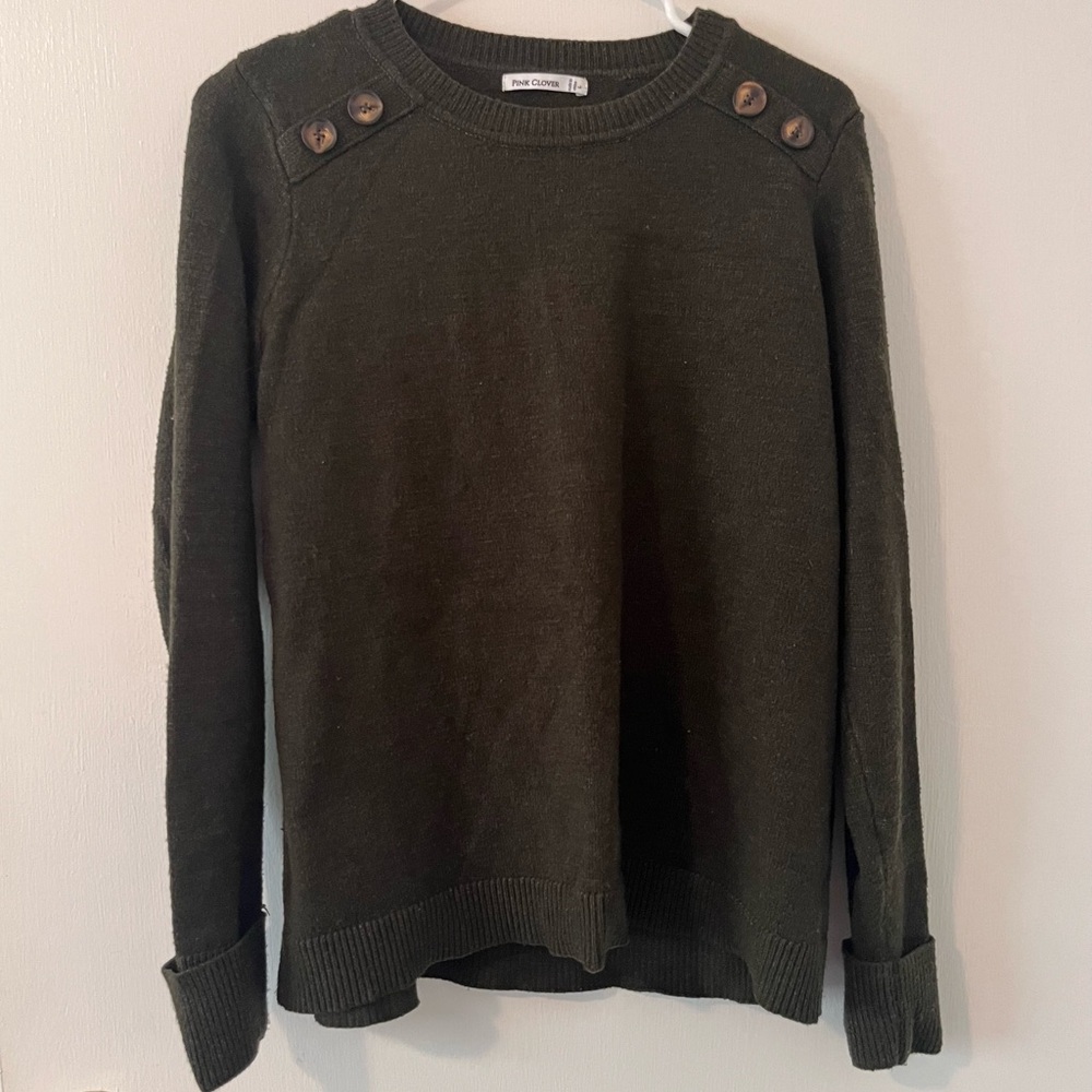 Pink Clover Carson Crewneck Button Detail Knit Sweater Dark Olive Green Large